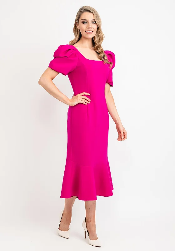 Shift dress – Loose, straight-cut dress that doesn't define the waist, offering a more relaxed fit.Shift dress – Loose, straight-cut dress that doesn't define the waist, offering a more relaxed fit.Claudia C Puff Sleeve Fishtail Dress, Magenta