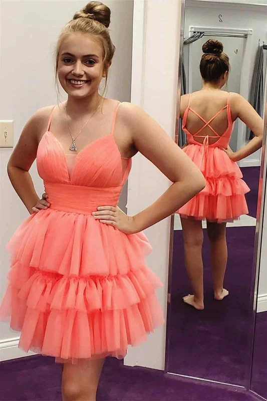 Maxi dress – Long dress that typically reaches the ankles or floor, offering a flowing and elegant look.Maxi dress – Long dress that typically reaches the ankles or floor, offering a flowing and elegant look.Cute Coral Straps Tiered Tulle Homecoming Dress