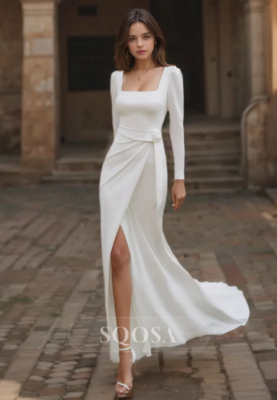 Empire waist dress – Dress with a high waistline, just under the bust, for a flattering silhouette.Empire waist dress – Dress with a high waistline, just under the bust, for a flattering silhouette.Square-Neck Fitted Beach Wedding Dress Long Sleeves Pleated Satin Boho Wedding Gowns Slit with Train Empire waist dress – Dress with a high waistline, just under the bust, for a flattering silhouette.Empire waist dress – Dress with a high waistline, just under the bust, for a flattering silhouette.Square-Neck Fitted Beach Wedding Dress Long Sleeves Pleated Satin Boho Wedding Gowns Slit with Train