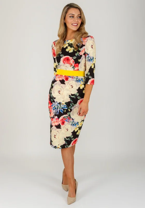 Tea-length dress – Dress that falls between the knee and ankle, perfect for more formal or vintage-inspired occasions.Tea-length dress – Dress that falls between the knee and ankle, perfect for more formal or vintage-inspired occasions.Herysa Floral Rear Pleat Pencil Dress, Black