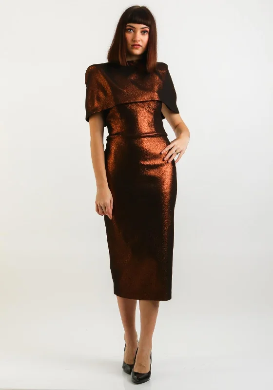 Tea-length dress – Dress that falls between the knee and ankle, perfect for more formal or vintage-inspired occasions.Tea-length dress – Dress that falls between the knee and ankle, perfect for more formal or vintage-inspired occasions.Kevan Jon Vella Metallic Dress & Cape, Bronze Tea-length dress – Dress that falls between the knee and ankle, perfect for more formal or vintage-inspired occasions.Tea-length dress – Dress that falls between the knee and ankle, perfect for more formal or vintage-inspired occasions.Kevan Jon Vella Metallic Dress & Cape, Bronze