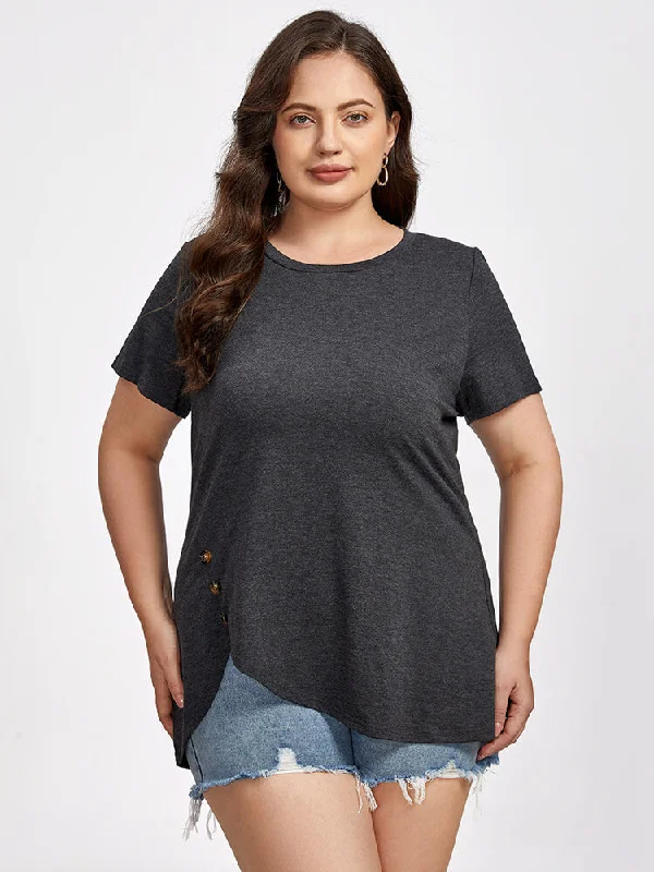 Crop – Shortened length, typically above the waistCrop – Shortened length, typically above the waistPlus Black Round Neck Button Ditsy Hem Tee Crop – Shortened length, typically above the waistCrop – Shortened length, typically above the waistPlus Black Round Neck Button Ditsy Hem Tee