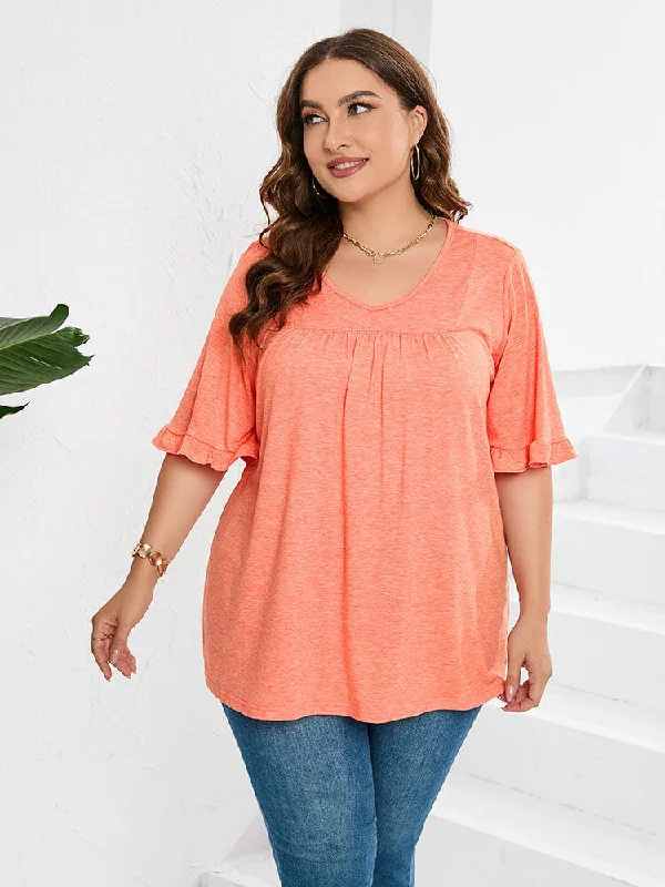 Henley – T-shirt with a buttoned placket (usually a few buttons near the collar)Henley – T-shirt with a buttoned placket (usually a few buttons near the collar)Plus Orange V-Neck Ruffle Sleeve Frill Trim Tee Henley – T-shirt with a buttoned placket (usually a few buttons near the collar)Henley – T-shirt with a buttoned placket (usually a few buttons near the collar)Plus Orange V-Neck Ruffle Sleeve Frill Trim Tee