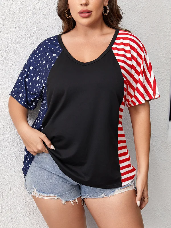 Knit – Soft and stretchy fabric with a knitted textureKnit – Soft and stretchy fabric with a knitted texturePlus Striped Star Patchwork V-Neck Tee Knit – Soft and stretchy fabric with a knitted textureKnit – Soft and stretchy fabric with a knitted texturePlus Striped Star Patchwork V-Neck Tee