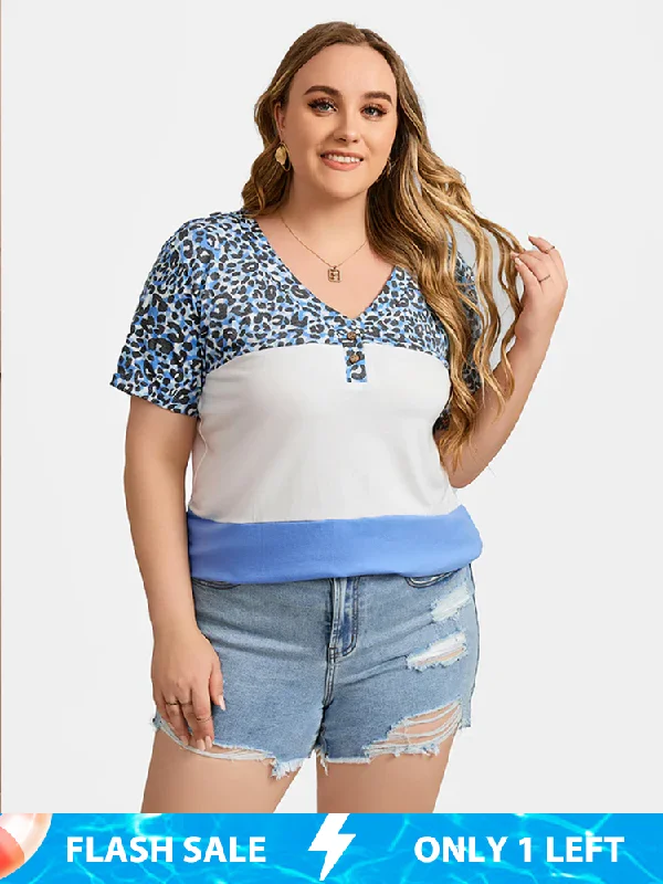 Tunic – Longer T-shirt, often reaching the hips or thighs, worn as a tunic topTunic – Longer T-shirt, often reaching the hips or thighs, worn as a tunic topPlus Leopard Patchwork V-Neck Button Front Tee Tunic – Longer T-shirt, often reaching the hips or thighs, worn as a tunic topTunic – Longer T-shirt, often reaching the hips or thighs, worn as a tunic topPlus Leopard Patchwork V-Neck Button Front Tee