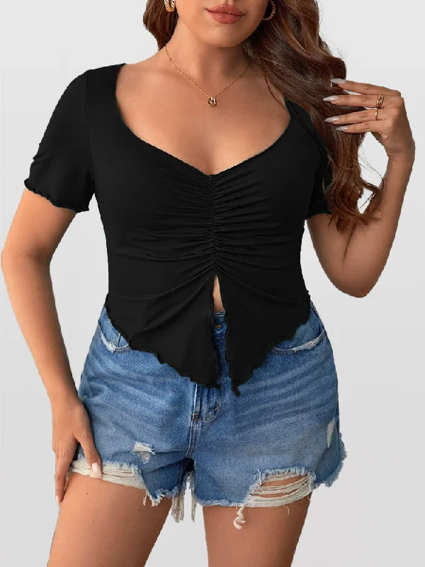 Boxy – Loose, straight cut with no shapingBoxy – Loose, straight cut with no shapingRuched Front Lettuce Trim Split Hem Tee Boxy – Loose, straight cut with no shapingBoxy – Loose, straight cut with no shapingRuched Front Lettuce Trim Split Hem Tee