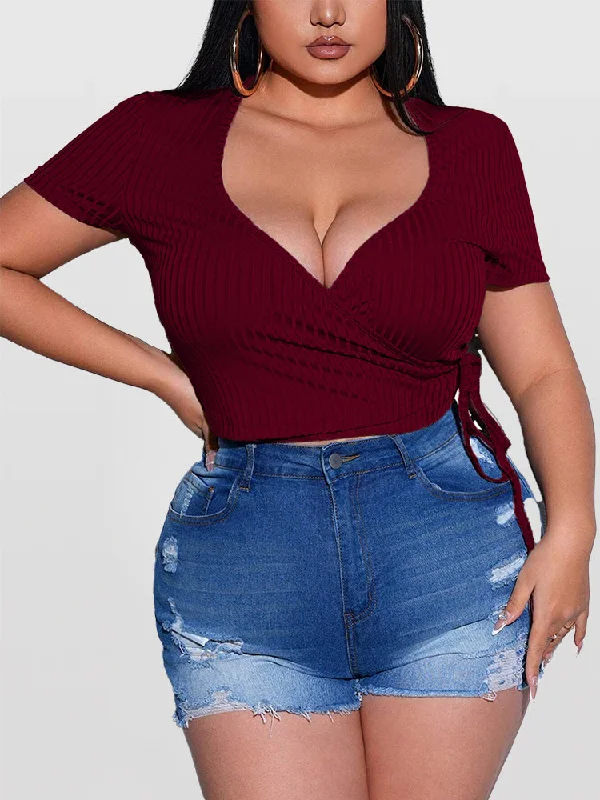 Fitted – Snug, form-fitting styleFitted – Snug, form-fitting styleSurplice Neck Knot Side Crop Tee Fitted – Snug, form-fitting styleFitted – Snug, form-fitting styleSurplice Neck Knot Side Crop Tee