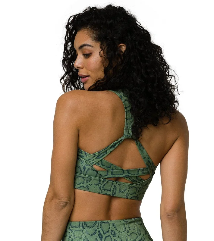 Back-closure sports bra – Sports bra with a hook-and-eye closure at the back for adjustable fit and ease of wear.Back-closure sports bra – Sports bra with a hook-and-eye closure at the back for adjustable fit and ease of wear.Onzie Warrior Yoga Sports Bra Olive Cobra